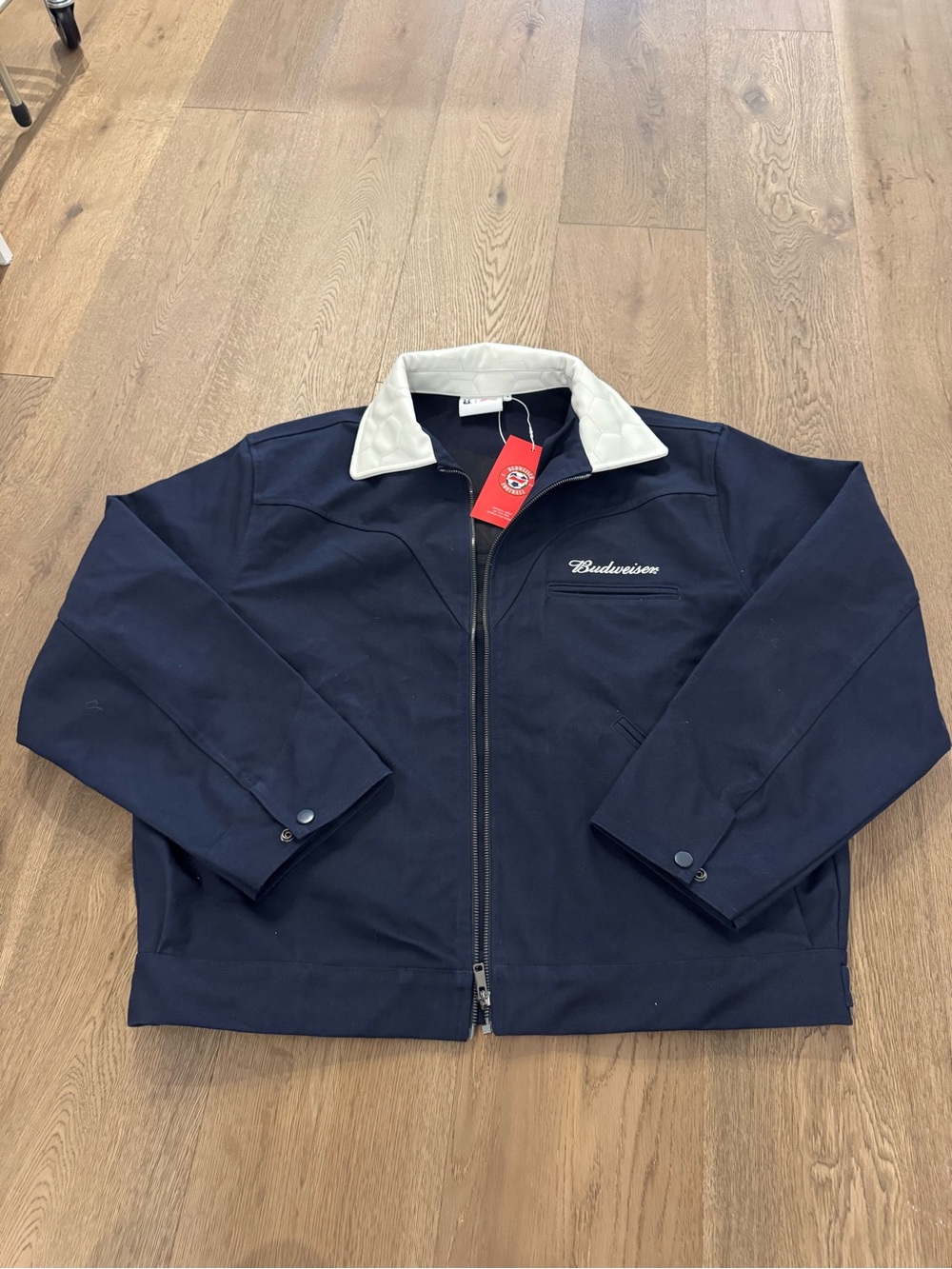 Budweiser Navy Bomber Jacket with White Collar